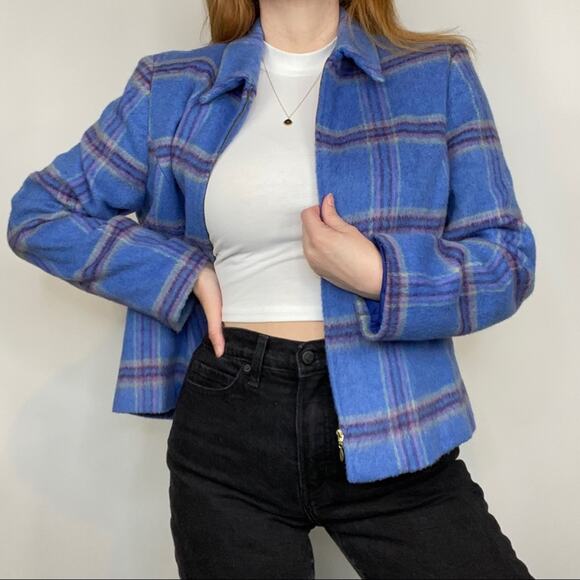 Vintage 90s Size 14 (XL) Light Blue Wool Blend Plaid Print Pattern Zip Up Jacket - Picture 1 of 11